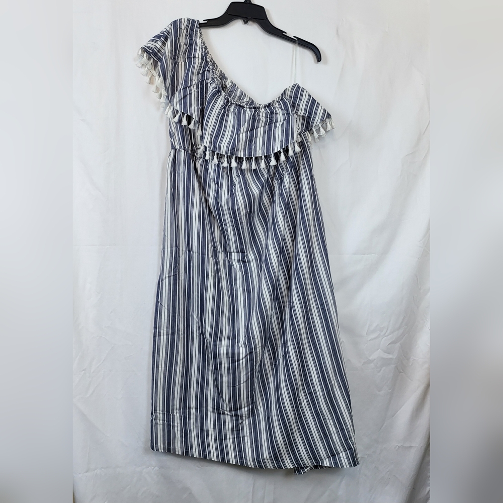 Isabel Maternity Blue White Stripe One Shoulder Asymmetrical Tassel Maxi Dress L